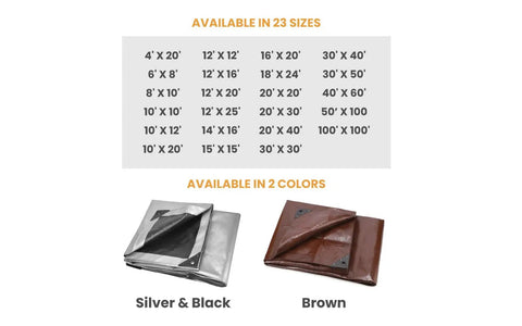 Heavy Duty Poly Tarp Cover 15x15 Ft With 16 Mil And 10 Mil Grommets Reinforced Edges Rust Resistant Hardware chart, silver and brown options