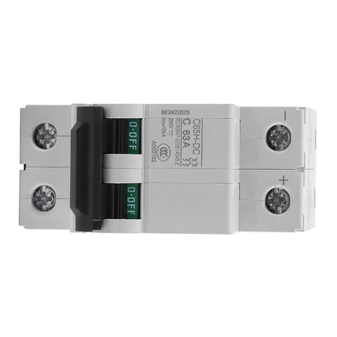 Front view of DC Two Pole Circuit Breaker 2P 250V 63A Din Rail Mounted Miniature Breaker for solar power systems.