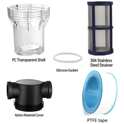 Inline Sediment Filter components including PC shell, stainless strainer, nylon cover, silicone gasket, PTFE tape