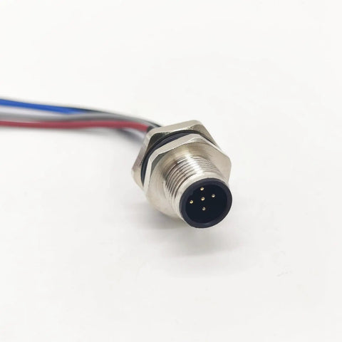 Close-up of five pin A coded M12 male connector cable 0.5 meter straight back mount waterproof unshielded socket for panel install IP67