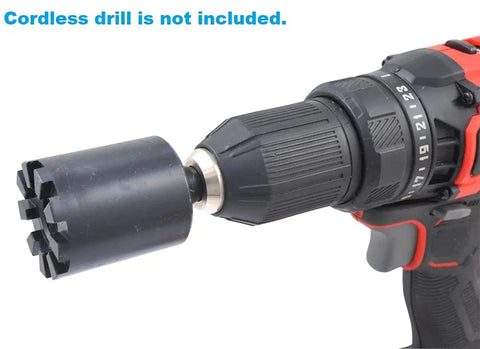 Close-up of heavy duty milling machine knee feed handle and quill stop adapter set on cordless drill. Not included.