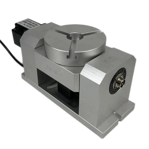Rock Solid 4th And 5th Axis Rotary Dividing Head With 50 To 1 Harmonic Reducer Gearbox And Motor Hysteresis, aluminum, compact design.