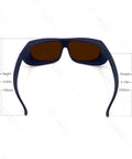 Heavy Duty Laser Safety Glasses Featuring Kickass Optical Density Six Plus Shielding For Blue Violet Green And Infrared Ranges Offering Top Shelf Impact Resistance And Tight Fit, back view showcasing frame dimensions.