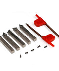 Pro Grade Mini Indexable Lathe Turning Tool Set Featuring One Quarter Inch Shank Nickel Plated Steel Holders with five carbide inserts and hex wrenches.