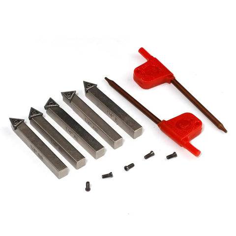 Pro Grade Mini Indexable Lathe Turning Tool Set Featuring One Quarter Inch Shank Nickel Plated Steel Holders with five carbide inserts and hex wrenches.
