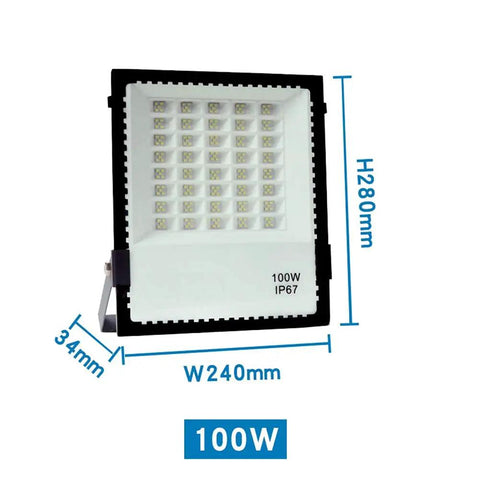 JUDYSSY 200W Led Floodlight Waterproof Ip67 Outdoor Security Light Daylight White, 100W light dimensions 280mm x 240mm x 34mm.
