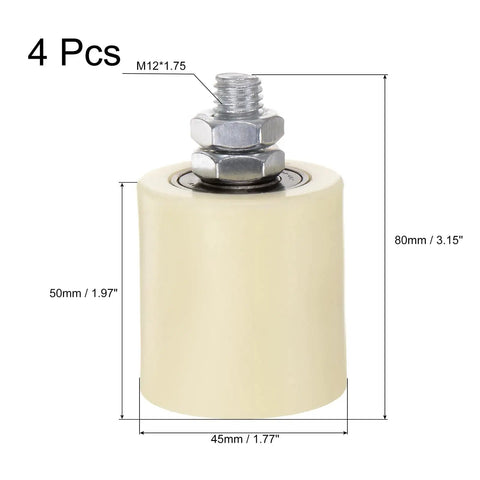 4 Pack Adjustable Nylon Gate Rollers for Sliding Gates, 1.77 x 1.97 inch wheel, beige, M12 x 1.75 screw, 3.15 inch total length