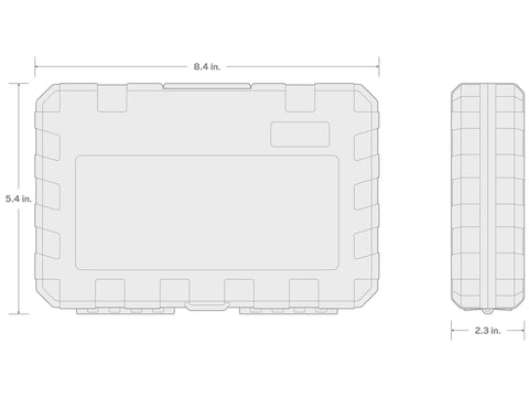 Diagram of Go-To One Quarter Inch Drive Socket Set With Hex Torx Phillips Slotted And Square Bits In Case dimensions: 8.4x5.4x2.3 inches.