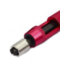 Close-up of a red installation tool with M6 Wire Thread Inserts For 6mm Drill, 1mm Pitch, 2D Length Helicoil Coiled Wire Inserts In 304 Stainless Steel Metric.