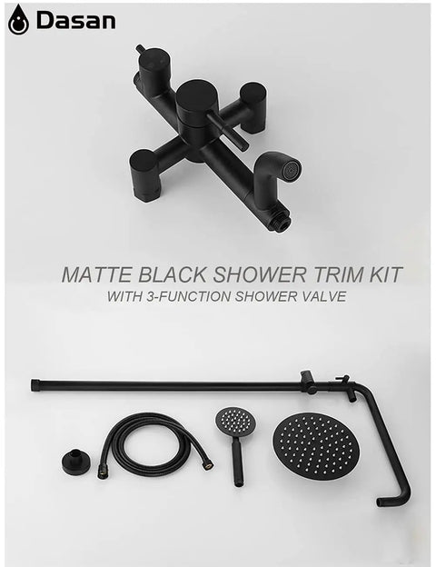 Outdoor Shower Fixture Set With 3 Function Matte Black Faucet 8 Inch Rainfall Shower Head Handheld Sprayer Spout SUS 304