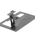 Close-up of Rock Solid Adjustable Angle Grinder Stand with heavy duty steel bracket used for precise woodworking cuts.