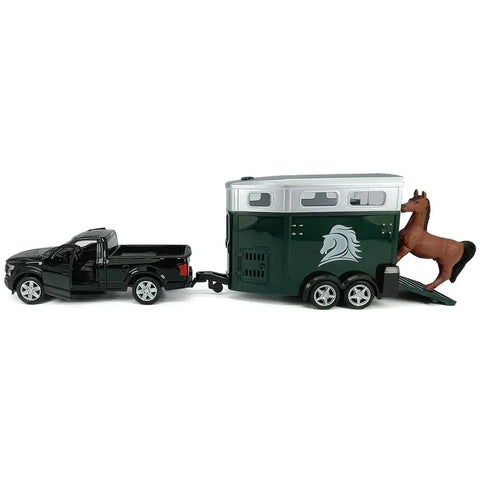 1/36 Scale Diecast Pickup Truck With Trailer And Horse Transporter Open Doors Farm Rig, Metal Toy Car with horse figure