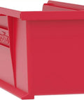 Red plastic storage bin, side angle view, part of Space Saving Stackable Storage Bins For Garage Pantry And Craft Organization Durable 12 Pack