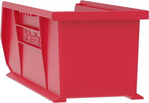 Red plastic storage bin, side angle view, part of Space Saving Stackable Storage Bins For Garage Pantry And Craft Organization Durable 12 Pack