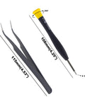 Tweezers and 360° rotating screwdriver from Go To Metric 12 Size Phillips Flat Head Screw Set With Magnetic Ni Plated Steel Handy Tiny Screws Kit
