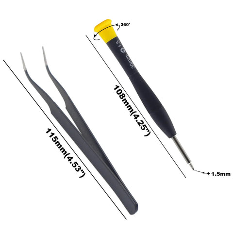 Tweezers and 360° rotating screwdriver from Go To Metric 12 Size Phillips Flat Head Screw Set With Magnetic Ni Plated Steel Handy Tiny Screws Kit