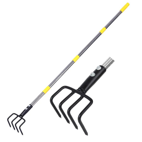 Heavy Duty Garden Hand Tiller Cultivator With Four Tines Adjustable Long Handle Tackle Tough Weeds And Compact Soil Loosener