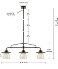 Three Light Pendant In Oil Rubbed Bronze With Clear Glass Shades, Classic Vintage Industrial Vibe For Any Ceiling, Adjustable Three Rod Suspension, Bulbs Not Included. Image shows pendant dimensions and adjustable rods.
