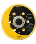 Top view of a 6 Inch Backing Pad With Grip Face And 48 Hole Vacuum Pad For Net Sanding Discs Medium Density Foam, yellow and black