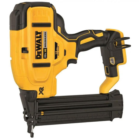 Battery Powered Cordless 18 Gauge Brad Nailer 20V Max XR With Brushless Motor And Micro Nose For Precise Nail Placement Tool Free Depth Adjustment Great For Finishing And Framing, shown from left side with visible black nozzle detail.