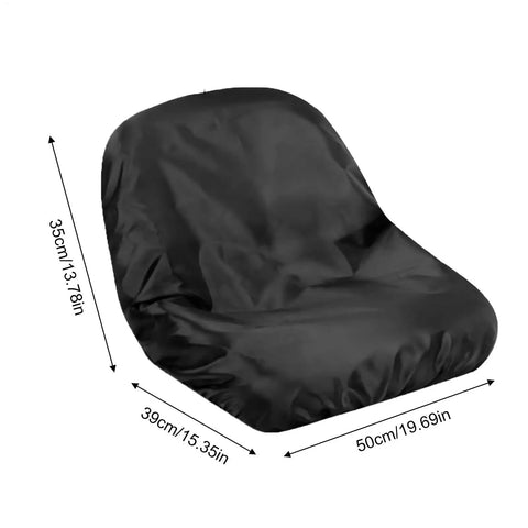 Universal Lawn Mower Seat Cover For EGO Power Plus ZT5216L, Weatherproof, shown with measurements and black fabric
