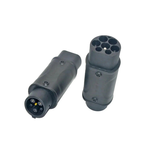 Heavy Duty Portable EV Charger Adapter Converting Type Two Ports To J1772 Plugs For Hella Fast 7KW DC Charging showing connectors.