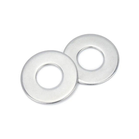 100-Piece 304 Stainless Steel Flat Washer Set Assortment With Inner Diameters From M1.6 To M30 And Multiple Outer Diameters Durable Gasket Kit For Mechanical Automotive And Home Hardware Projects. Two stainless steel flat washers shown