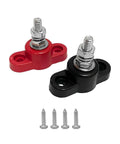 Sweet Two Piece Car Battery Junction Block With Solid Quarter Inch Terminals For 12V Rigs Featuring Copper Washers And Nylon Base, red and black with screws.
