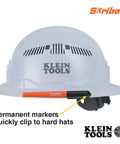 White hard hat with orange Ultra Fine Tip Permanent Markers Two Pack For Worksite Use With Professional Grade Ink That Writes On Wet Dry And Oily Surfaces Black For Heavy Duty Jobs On Job Sites With Slick Wet Or Greasy Surfaces clipped on the side, featuring Klein Tools logo.