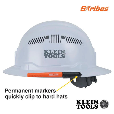 White hard hat with orange Ultra Fine Tip Permanent Markers Two Pack For Worksite Use With Professional Grade Ink That Writes On Wet Dry And Oily Surfaces Black For Heavy Duty Jobs On Job Sites With Slick Wet Or Greasy Surfaces clipped on the side, featuring Klein Tools logo.