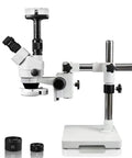 Trinocular Zoom Stereo Microscope With 5.0MP Digital Eyepiece Camera, 10x Wide Field Eyepiece, 3.5x To 90x Magnification, 0.5x And 2x Auxiliary Lenses, Single Arm Boom Stand, 144 LED Ring Light For Pro Grade Detail And Close Up Work on boom stand