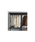 Customizable Wood Walk In Closet Organizer System Featuring Reinforced Hanging Bars And Versatile Shelves To Level Up Your Master Bedroom Storage And Kick The Clutter To The Curb with hanging white shirts and brown jackets.