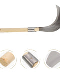 Multipurpose Long Handled Sickle For Gardening With Manganese Steel Blade And Wooden Grip displayed with close-up details