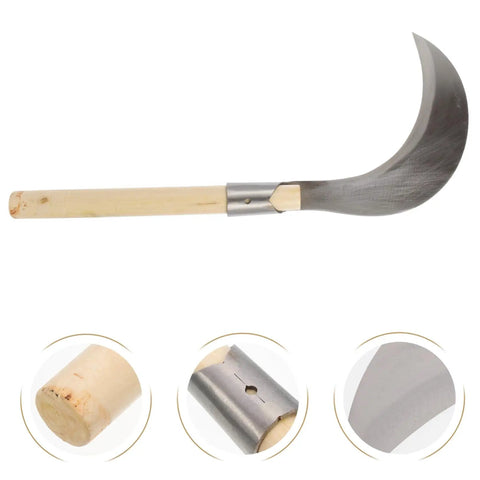 Multipurpose Long Handled Sickle For Gardening With Manganese Steel Blade And Wooden Grip displayed with close-up details