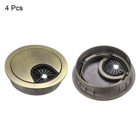 Darn Sturdy Zinc Alloy Cable Hole Covers 2 Inch Mounting Hole Bronze Tone Desk Wire Grommets 4 Pack shown from top and side view.