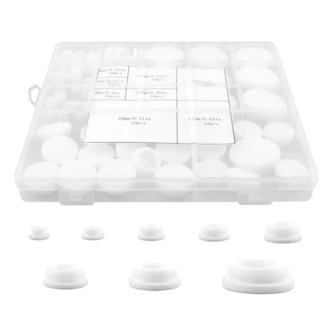 80 Piece Silicone Hole Plugs Kit With 8 Sizes Round Grommets For Car, Furniture And Office Use in transparent storage box.