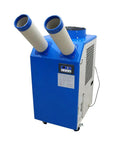 Heavy Duty Mobile Evaporative Air Cooler With Adjustable Airflow And Temperature Settings 14L, blue unit with dual air hoses.