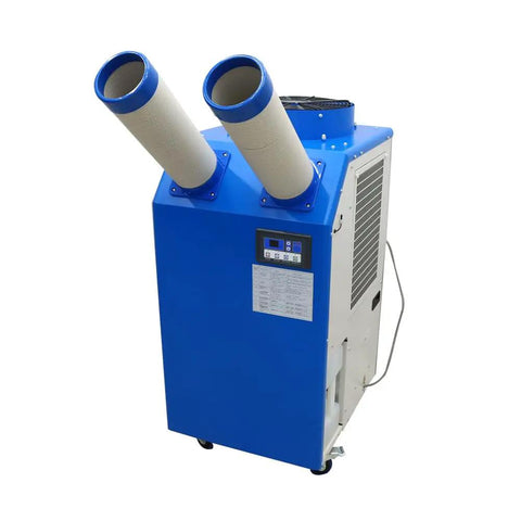 Heavy Duty Mobile Evaporative Air Cooler With Adjustable Airflow And Temperature Settings 14L, blue unit with dual air hoses.