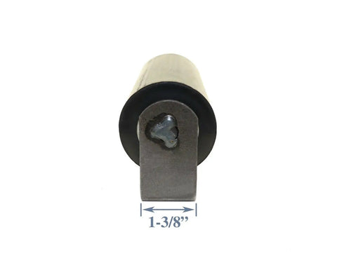 Front view of a single wheel from a Pair Of 6 Inch Rubber Top Guide Gate Rollers For Sliding Gates, Heavy Duty Wheels In Black, Weld On For Smooth Operation, Durable And Long Lasting, Maintenance Free, 2 Pack with a 1-3/8 inch width measurement visible.