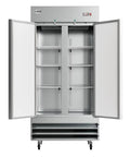 Straight Up Heavy Duty Commercial Two Door Refrigerator 35 Cubic Feet Stainless Steel With Digital Temperature Controls, doors open, adjustable shelves.