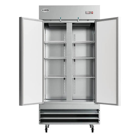 Straight Up Heavy Duty Commercial Two Door Refrigerator 35 Cubic Feet Stainless Steel With Digital Temperature Controls, doors open, adjustable shelves.