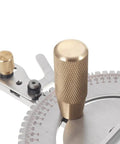 Dead Nuts Precise Sliding Miter Gauge With 450mm Track Stop And Box Joint Jig For Table Saws Router Tables And Band Saws close-up of brass knobs.