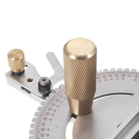 Pro Grade Aluminum Alloy Miter Gauge With Rock Solid Brass Handle Box Joint Jig view showing precision knobs and scale details.
