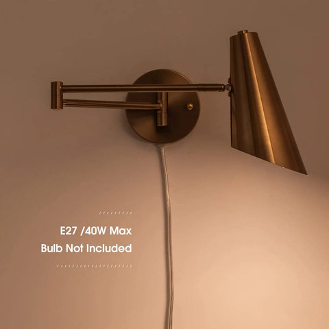 Plug In Wall Sconce Set Of 2 With Brass Swing Arm Lights For Bedroom And Living Room, iron brushed brass finish closeup