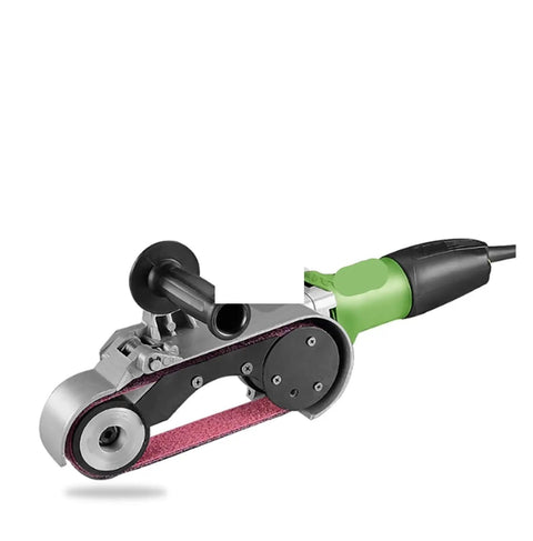 Heavy Duty Electric Tube Belt Sander For Industrial Pipe Grinding And Polishing with purple sanding belt and green handle.