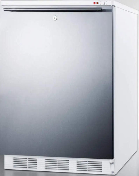 Smart Compact Stainless Steel Upright Freezer With Badass Factory Lock And Slick Horizontal Bar Built For Tight Spaces offering a sleek design.