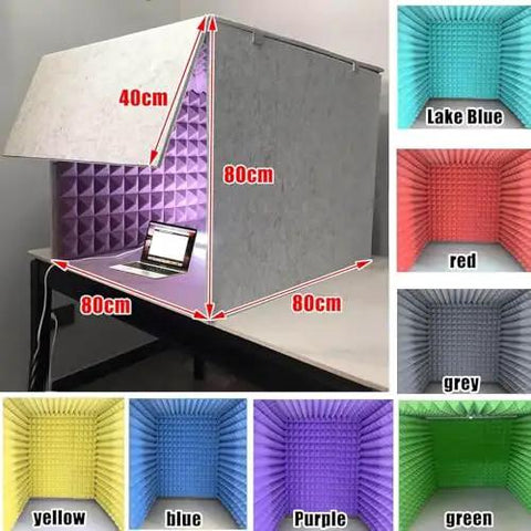 Slick Plug And Play Portable Folding Vocal Sound Booth Crafted With Heavy Duty Acoustic Cotton Paneling for clear audio, shown in multiple colors.
