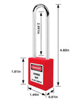 Red Lockout Tagout Padlock from the 5 Piece Safety Locks Keyed Differently, OSHA Compliant Electrical Lockout Kit showing dimensions.