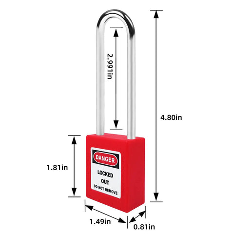Red Lockout Tagout Padlock from the 5 Piece Safety Locks Keyed Differently, OSHA Compliant Electrical Lockout Kit showing dimensions.