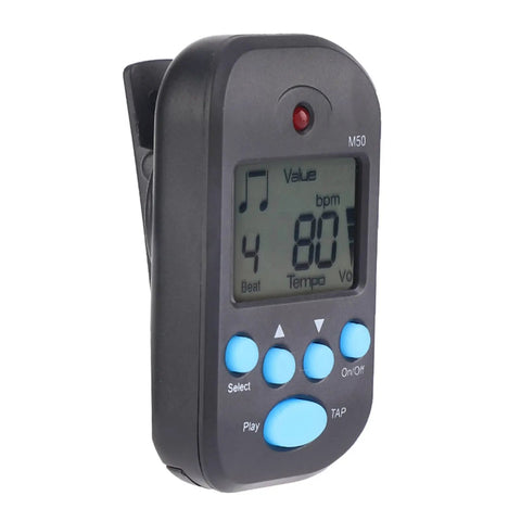Mini LCD Digital Metronome With Tap Tempo And Headphone Jack, black plastic, front view, featuring buttons and screen displaying 80 BPM